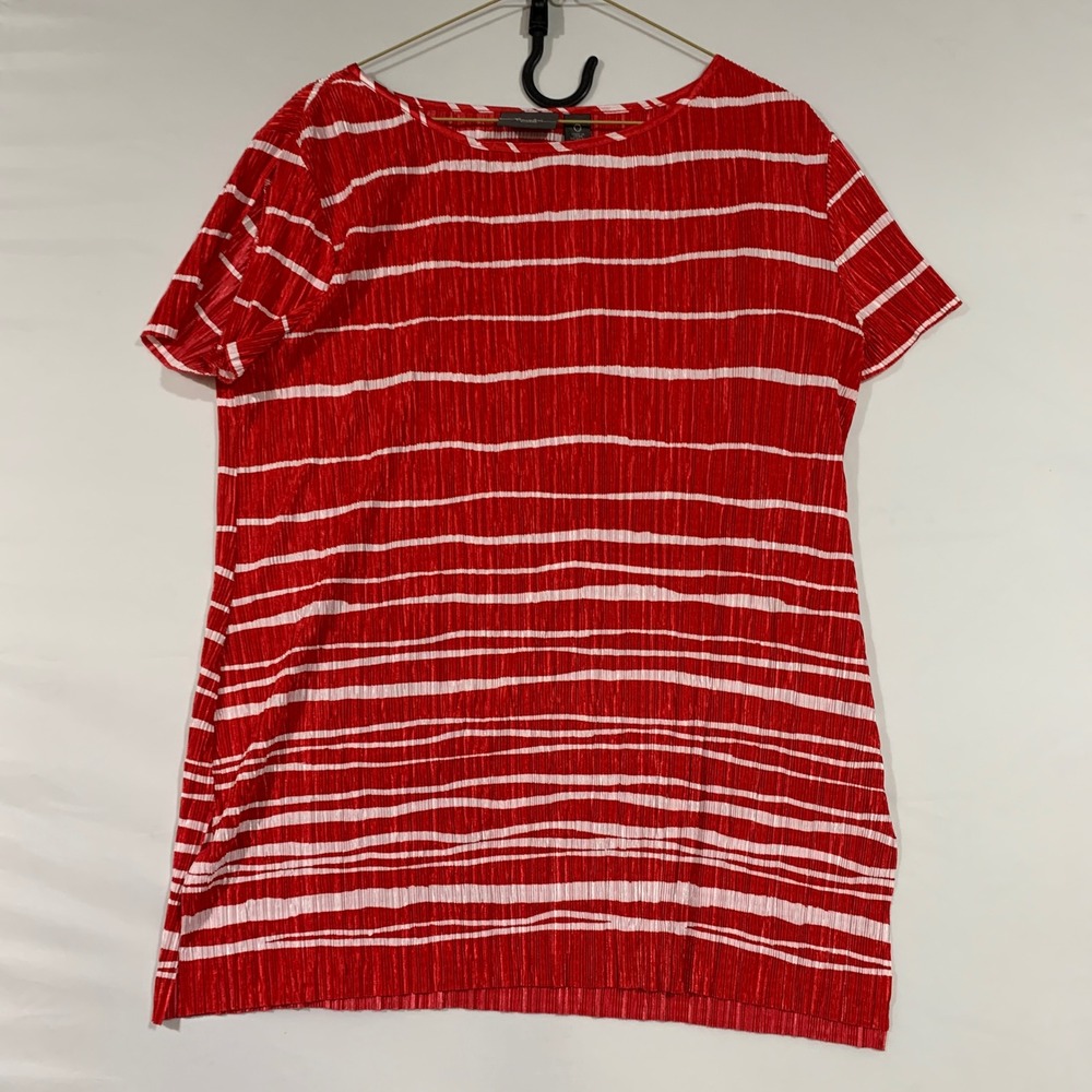 Travelers by Chico's‎ Red White Striped Pleated Short Sleeve Top Size Small